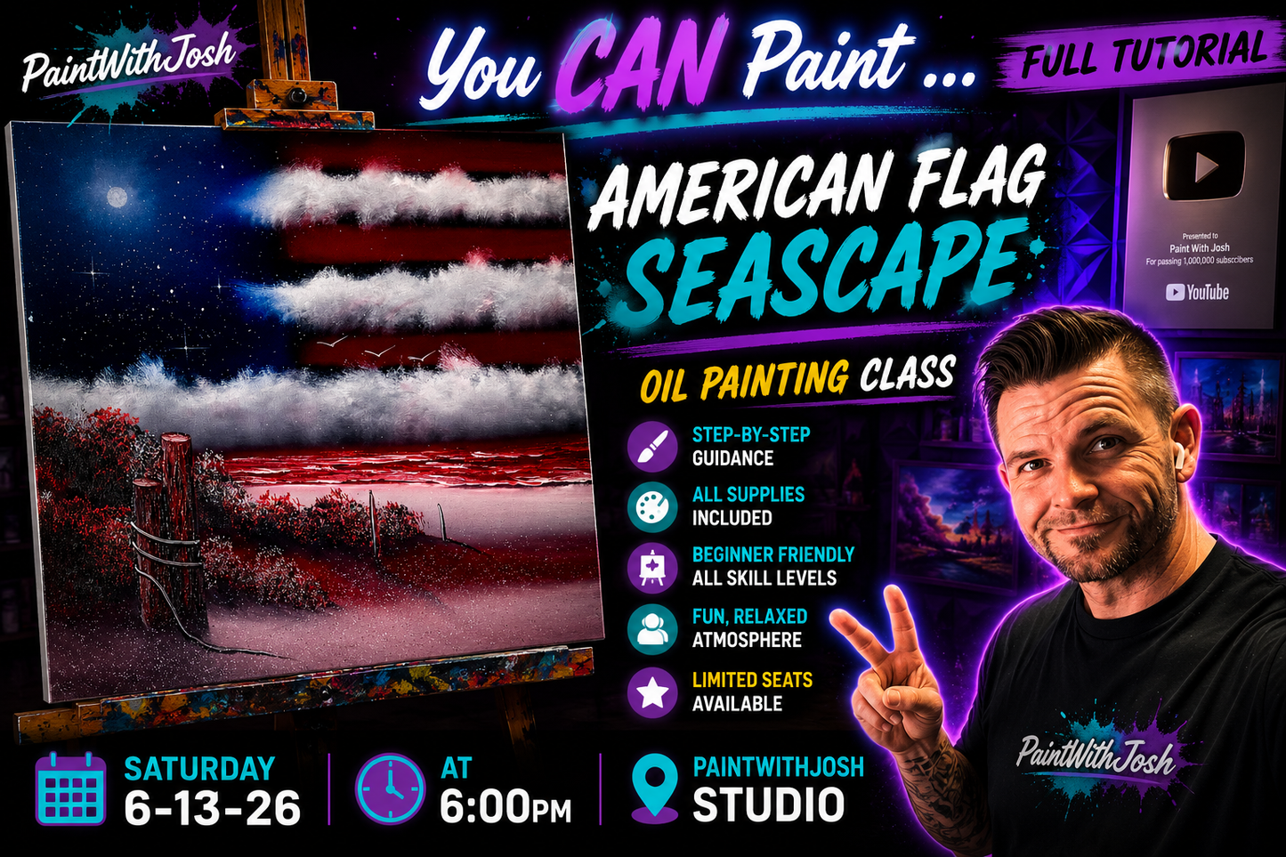 GROUP Painting Class - 6pm - American Flag Seascape with PaintWithJosh Saturday 6-13-26