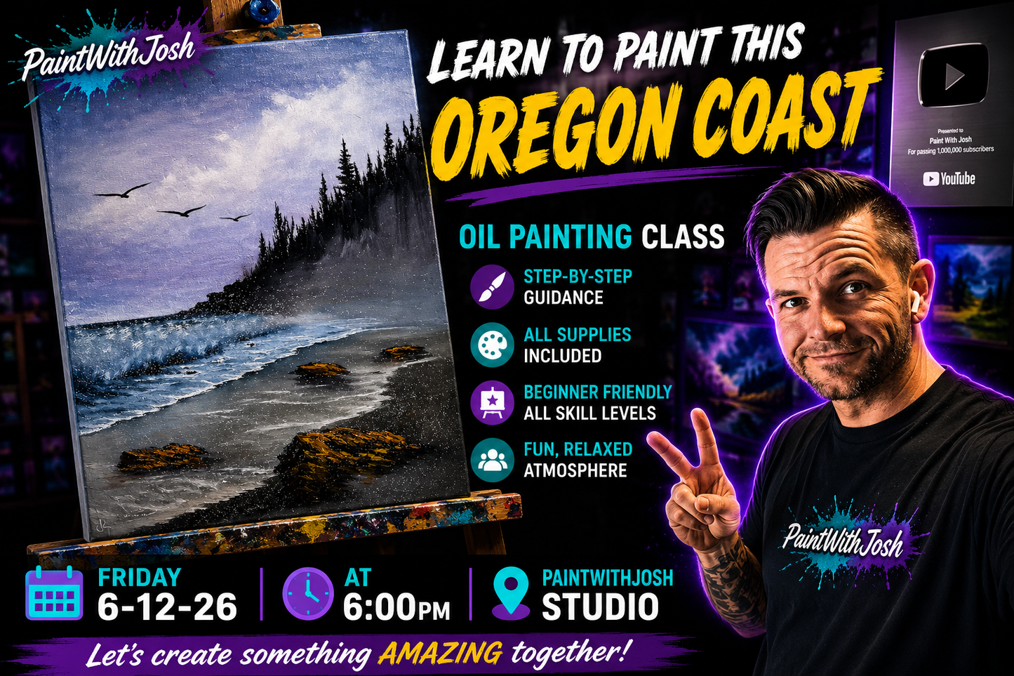 GROUP Painting Class - 6pm -  Oregon Coast Seascape with PaintWithJosh Friday 6-12-26