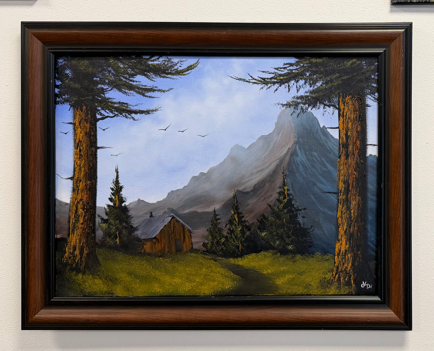 Painting #2652 - 18x24" Framed Canvas - Mountain Cabin Landscape painted 10-17-26