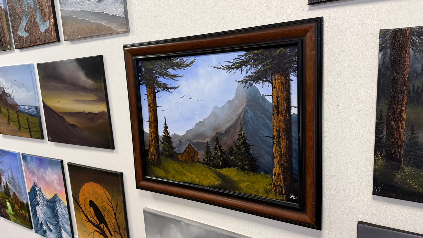Painting #2652 - 18x24" Framed Canvas - Mountain Cabin Landscape painted 10-17-26