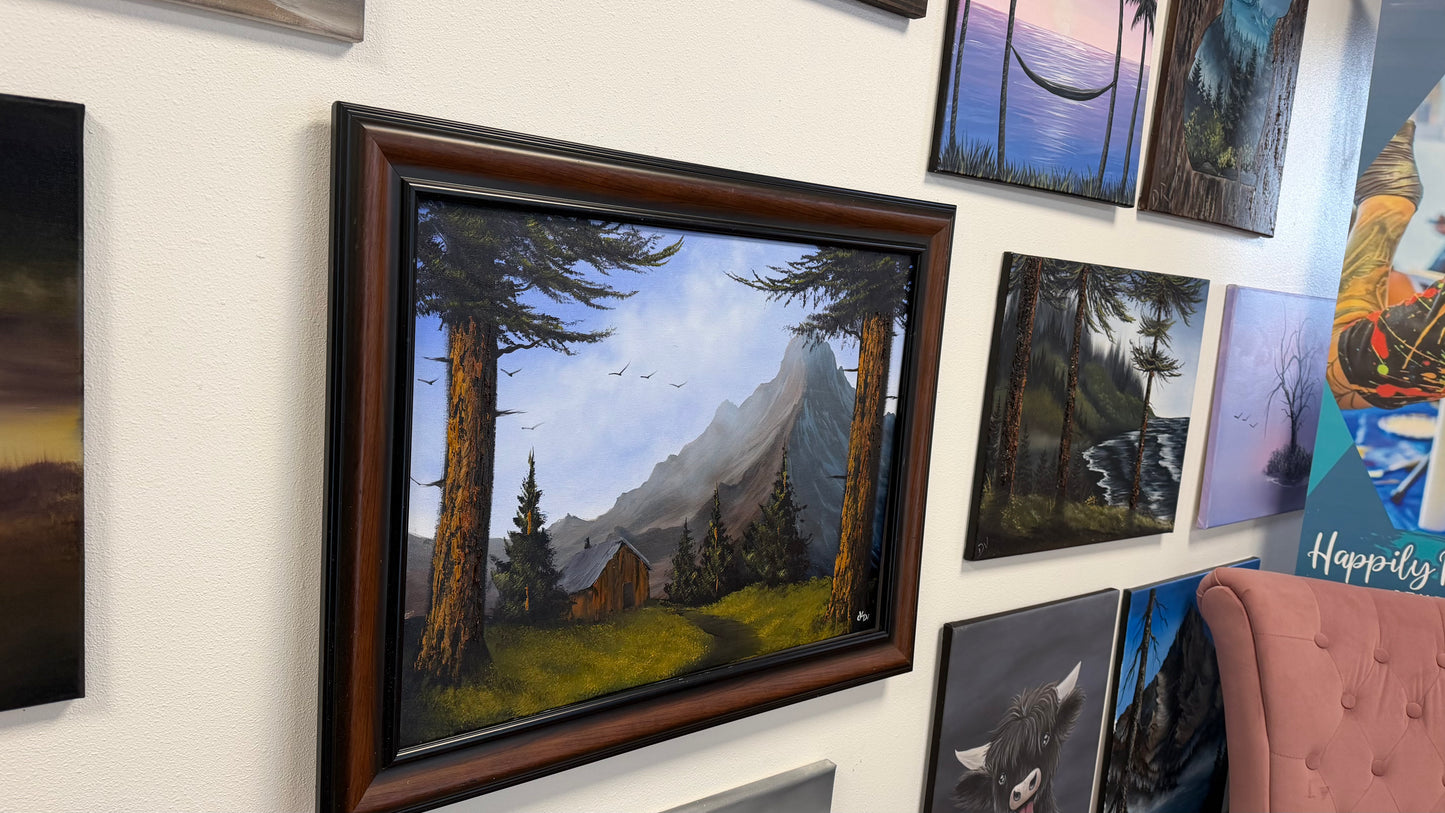 Painting #2652 - 18x24" Framed Canvas - Mountain Cabin Landscape painted 10-17-26