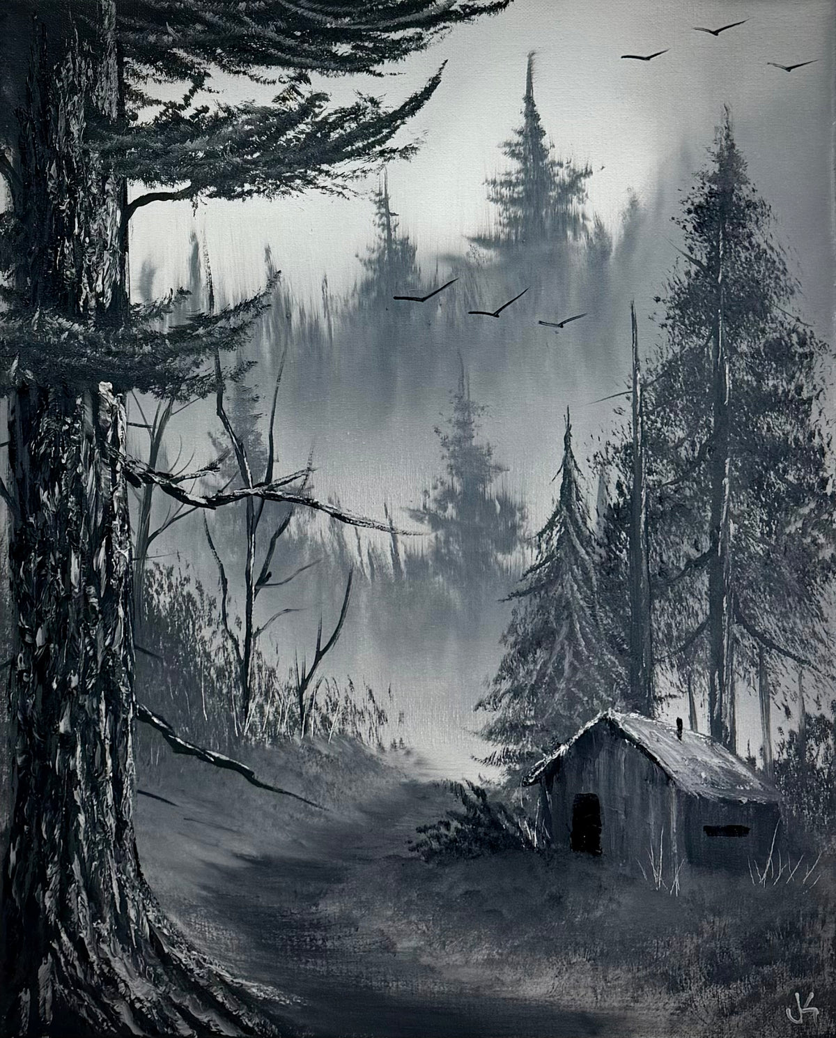 Painting #2667 - 16x20" Canvas - Black & White Forest Landscape painted 10-30-26