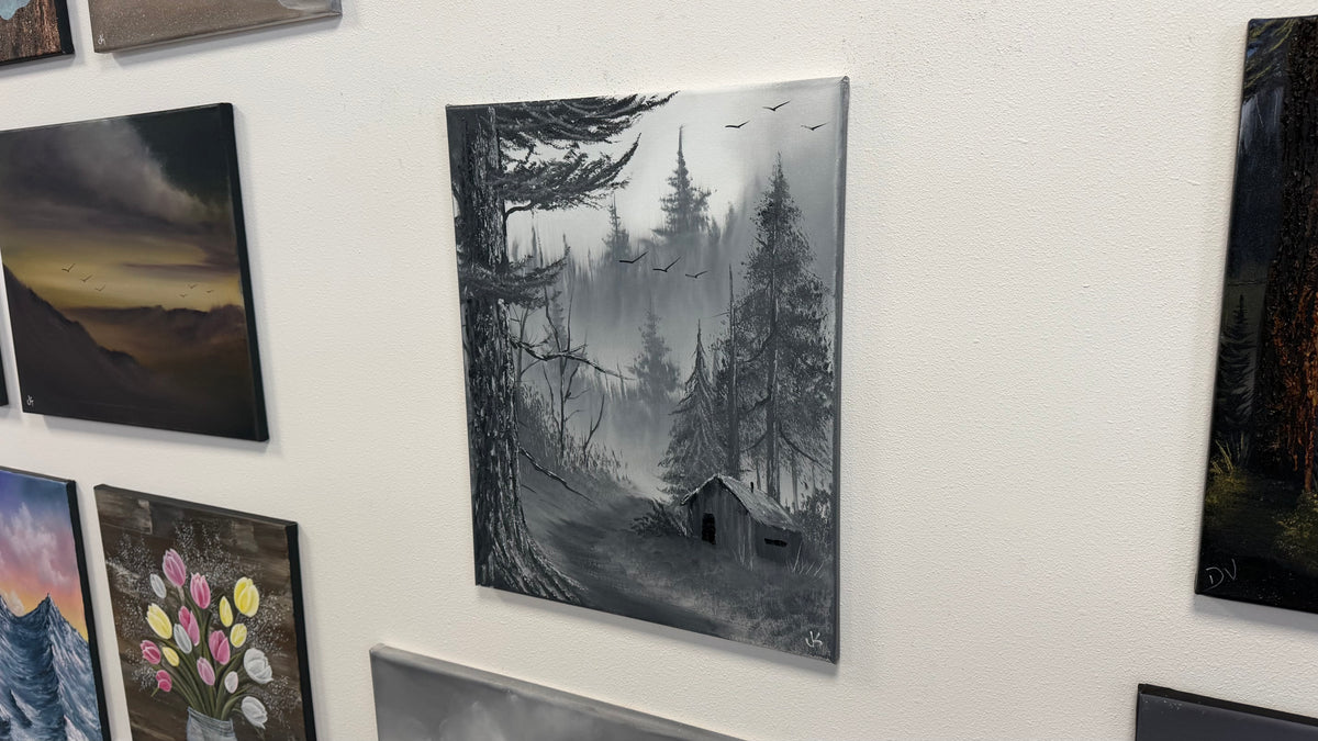 Painting #2667 - 16x20" Canvas - Black & White Forest Landscape painted 10-30-26