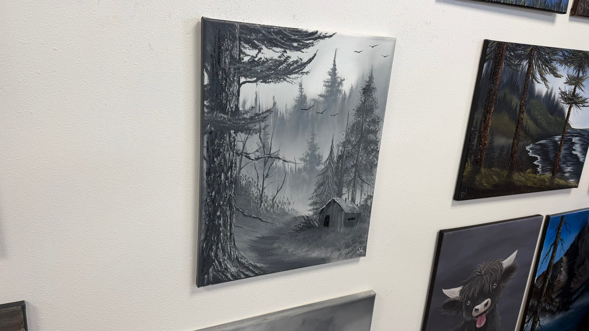 Painting #2667 - 16x20" Canvas - Black & White Forest Landscape painted 10-30-26