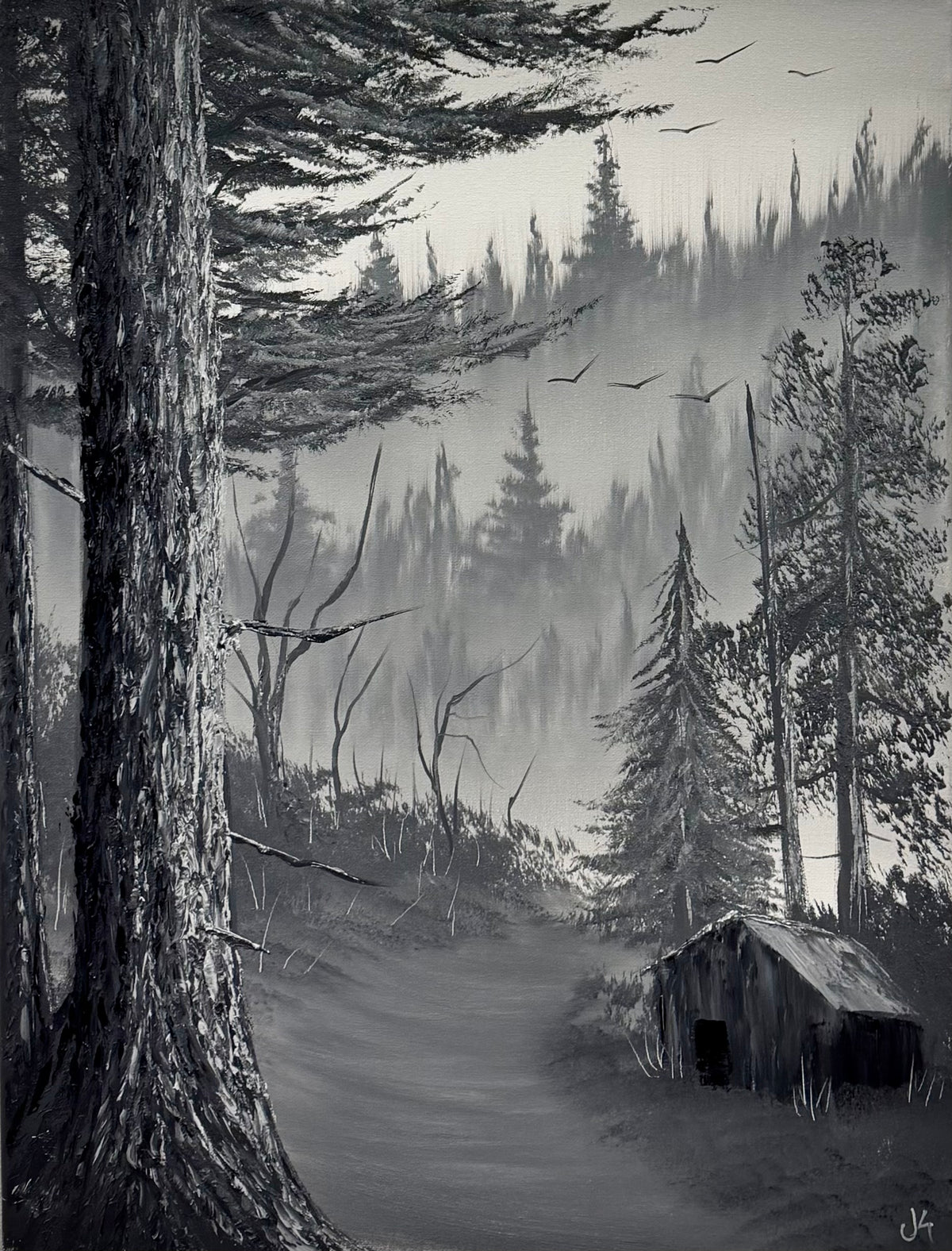 Painting #2668 - 18x24" Canvas - Black & White Forest Landscape painted 10-30-26