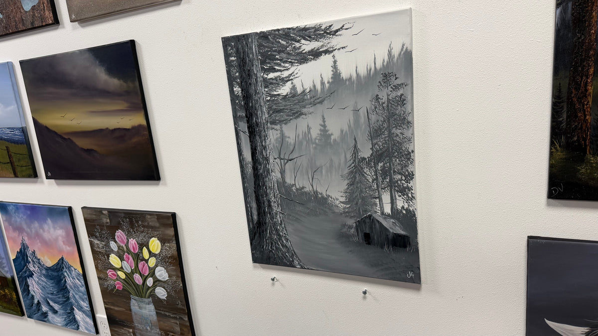 Painting #2668 - 18x24" Canvas - Black & White Forest Landscape painted 10-30-26