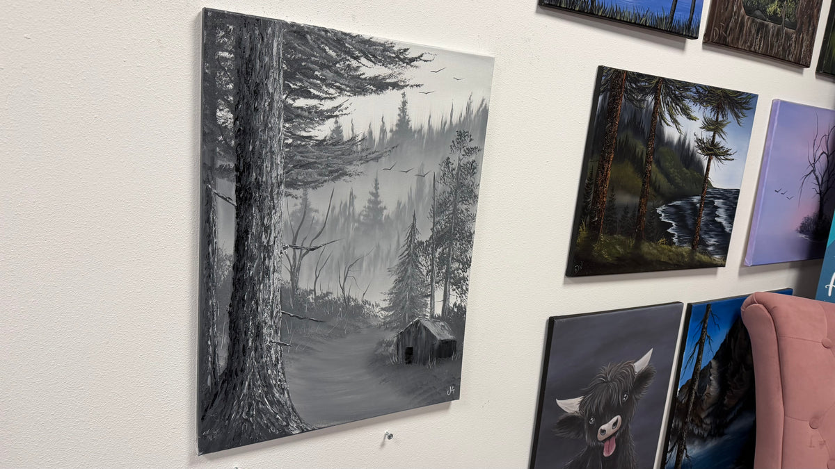 Painting #2668 - 18x24" Canvas - Black & White Forest Landscape painted 10-30-26