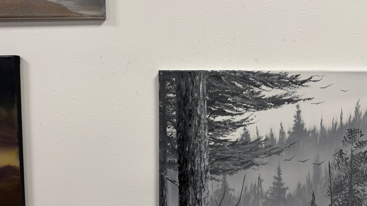 Painting #2668 - 18x24" Canvas - Black & White Forest Landscape painted 10-30-26