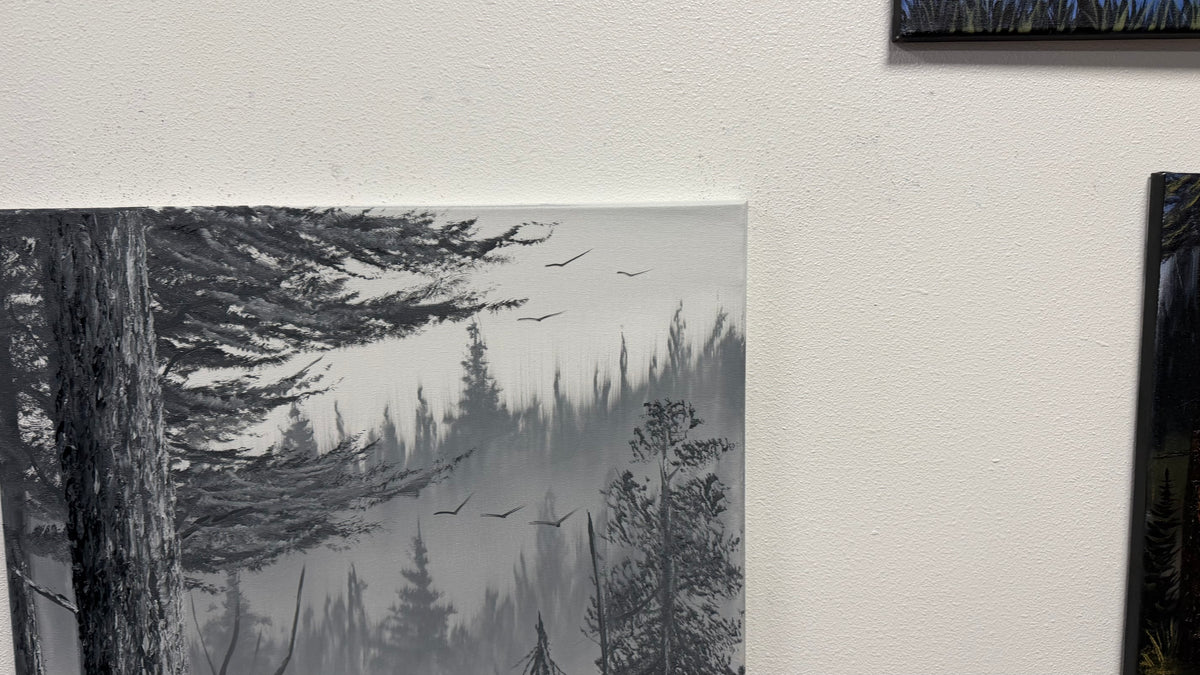 Painting #2668 - 18x24" Canvas - Black & White Forest Landscape painted 10-30-26