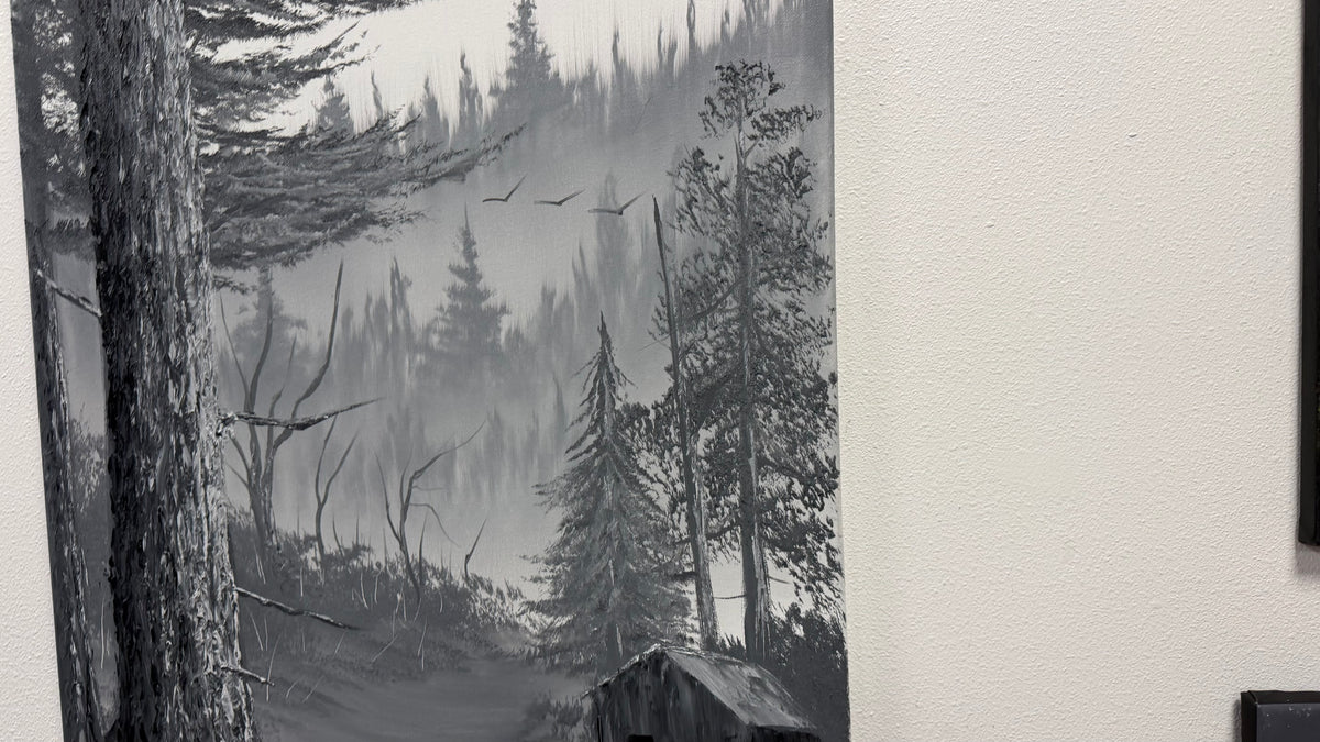 Painting #2668 - 18x24" Canvas - Black & White Forest Landscape painted 10-30-26