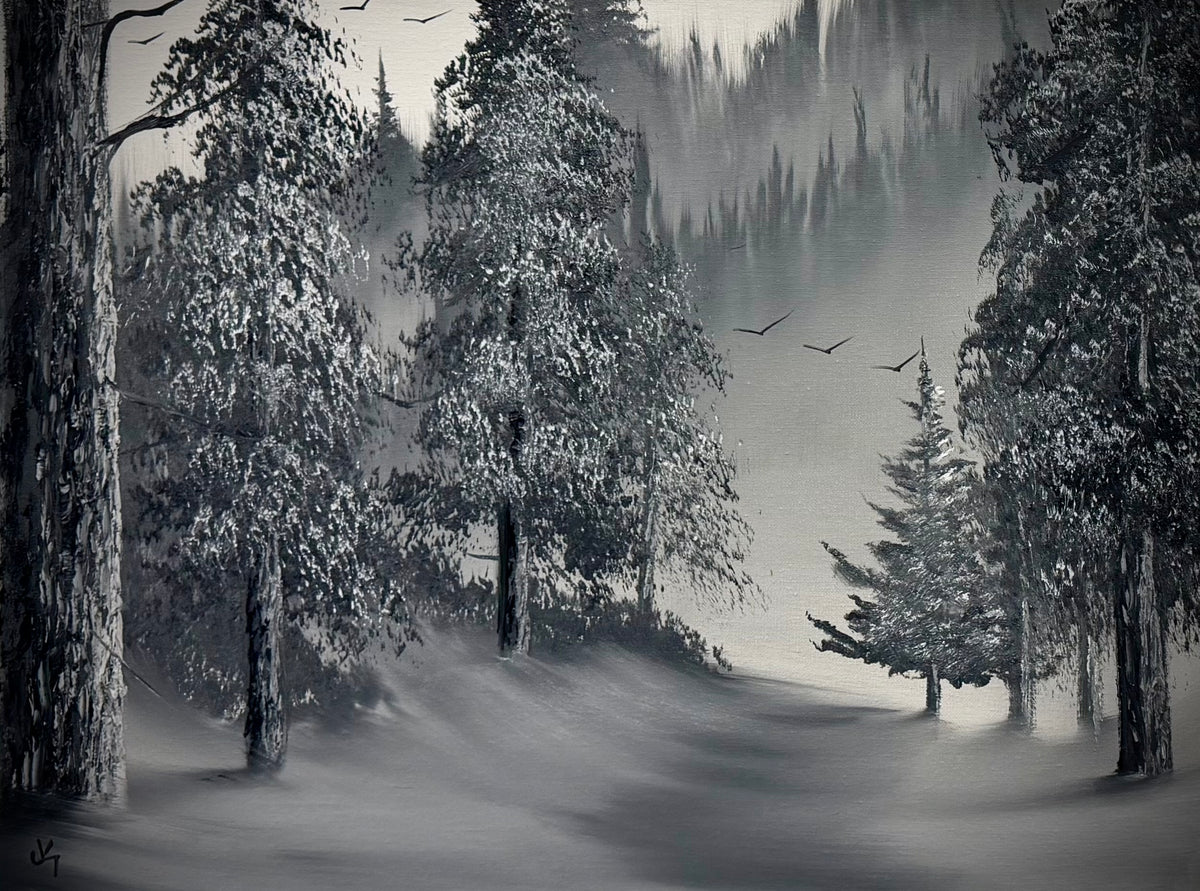 Painting #2669 - 18x24" Canvas - Black & White Forest Landscape painted 10-30-26