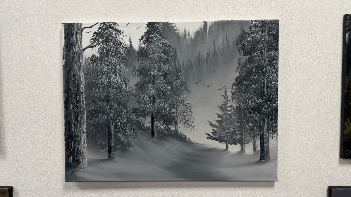 Painting #2669 - 18x24" Canvas - Black & White Forest Landscape painted 10-30-26
