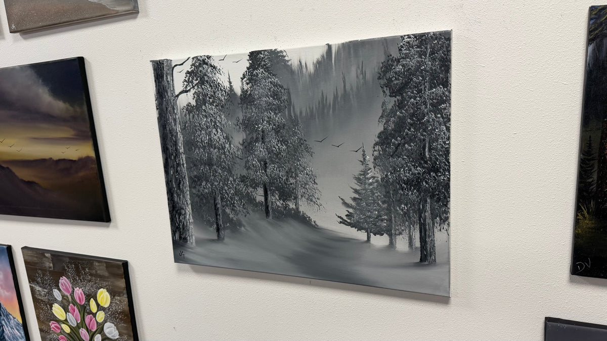Painting #2669 - 18x24" Canvas - Black & White Forest Landscape painted 10-30-26