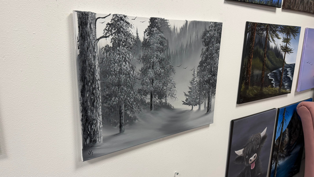 Painting #2669 - 18x24" Canvas - Black & White Forest Landscape painted 10-30-26