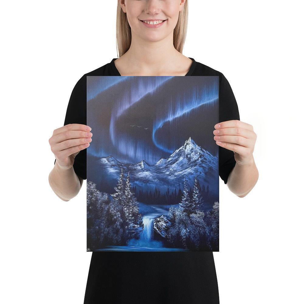 Canvas Print - Limited Edition - Sapphire Aurora - Alaskan Winter Waterfall Northern Lights Landscape by PaintWithJosh
