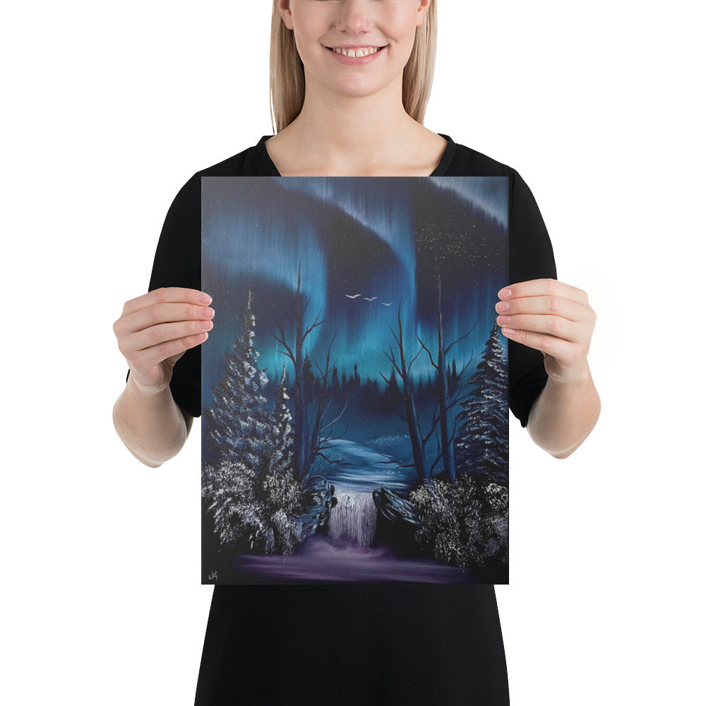 Canvas Print - Limited Edition - Blue Aurora Waterfall Mountain Landscape by PaintWithJosh