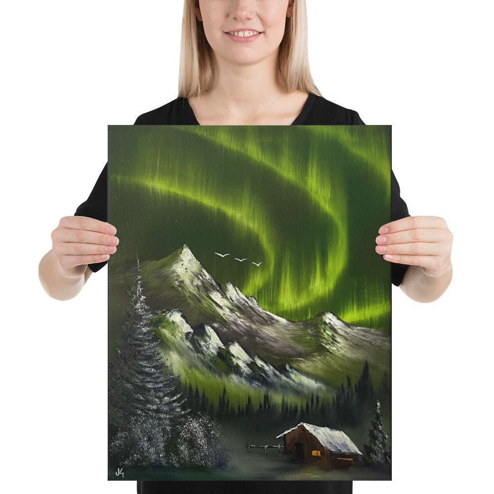 Canvas Print - Limited Edition - The Last Frontier - Green Aurora Borealis Mountain Landscape with a Cabin by PaintWithJosh