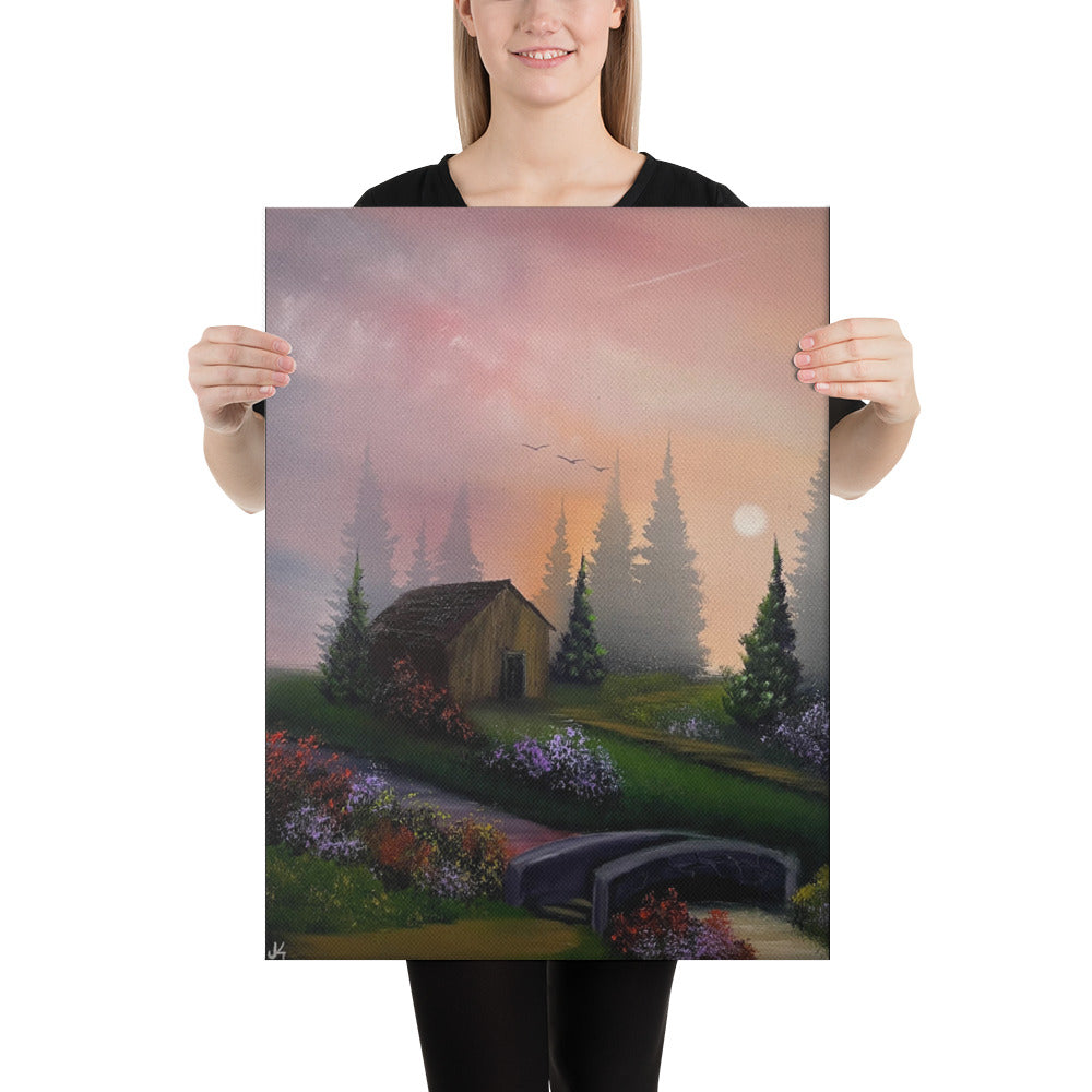 Canvas Print - Limited Edition - River Of Joy - Sunset Cabin with Babbling Brook and Bridge by PaintWithJosh