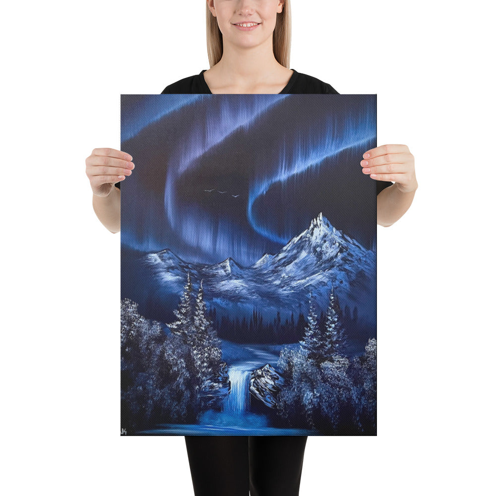 Canvas Print - Limited Edition - Sapphire Aurora - Alaskan Winter Waterfall Northern Lights Landscape by PaintWithJosh