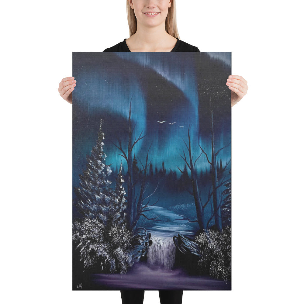 Canvas Print - Limited Edition - Blue Aurora Waterfall Mountain Landscape by PaintWithJosh