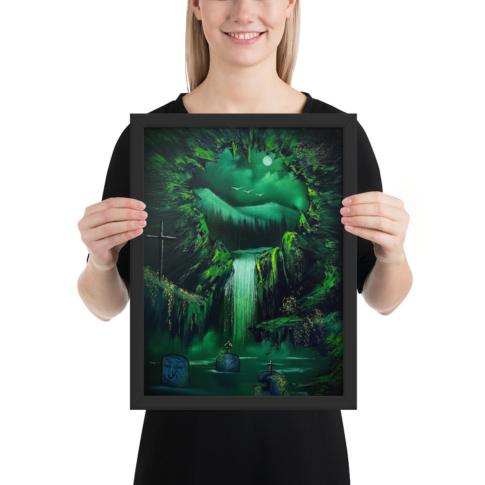 Poster Print Framed - The Doorway - Halloween Cave Cemetery Waterfall Landscape by PaintWithJosh