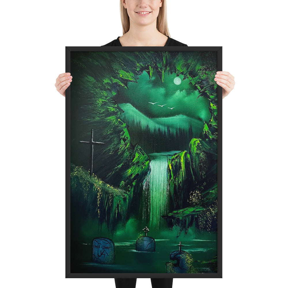 Poster Print Framed - The Doorway - Halloween Cave Cemetery Waterfall Landscape by PaintWithJosh
