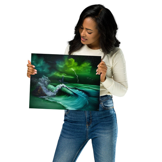 Poster Print - Green Lighthouse Crashing Waves by PaintWithJosh - Paint With Josh