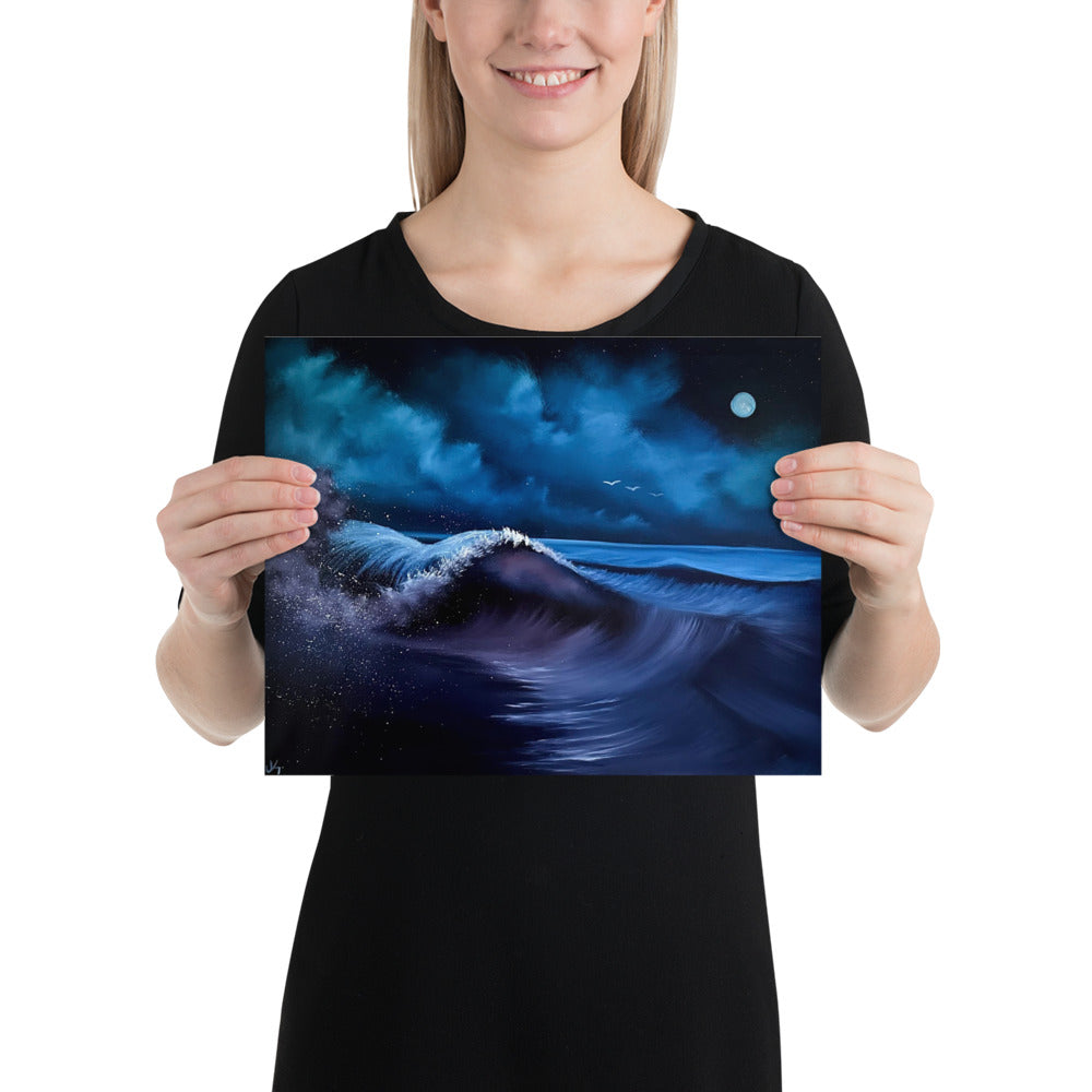 Poster Print - Night Seascape with Purple and Blue Waves by PaintWithJosh
