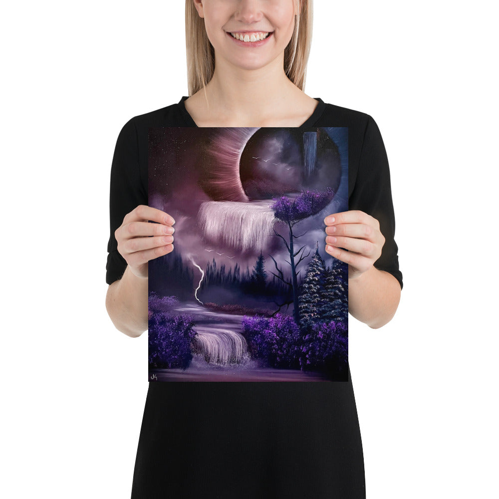 Poster Prints - Purple Full Moon Eclipse Portal Waterfall Landscape by PaintWithJosh