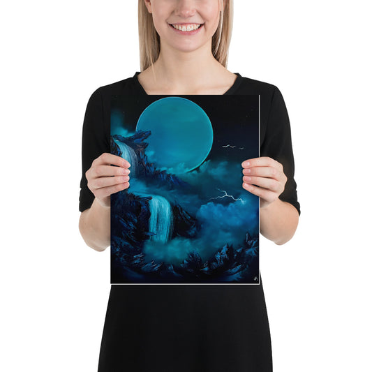 Poster Print - Full Moon Blue Waterfall Landscape by PaintWithJosh - Paint With Josh