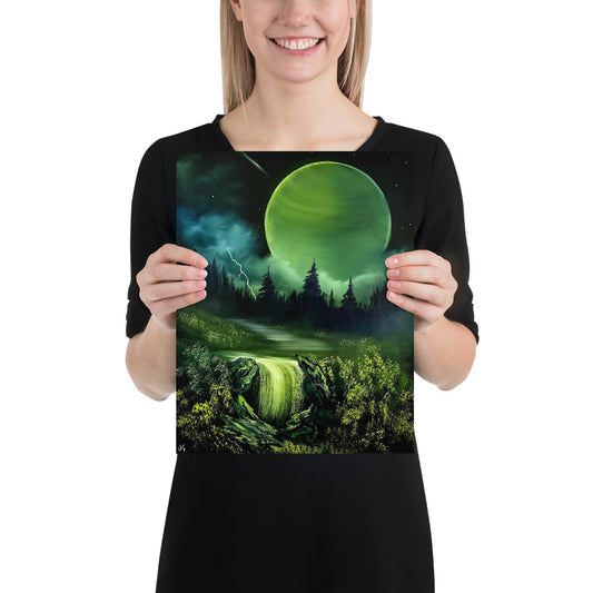 Poster Print - Green Full Moon River Waterfall Landscape by PaintWithJosh - Paint With Josh