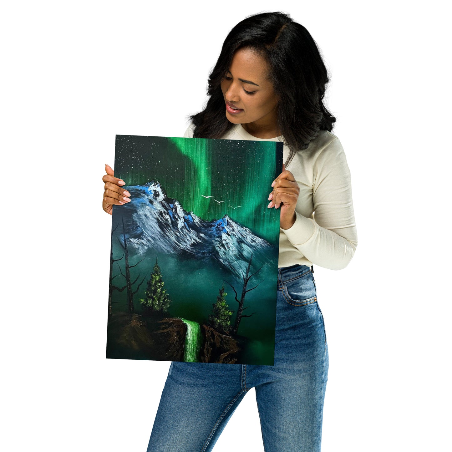 Poster Print - Green Aurora Borealis Mountain Waterfall by PaintWithJosh