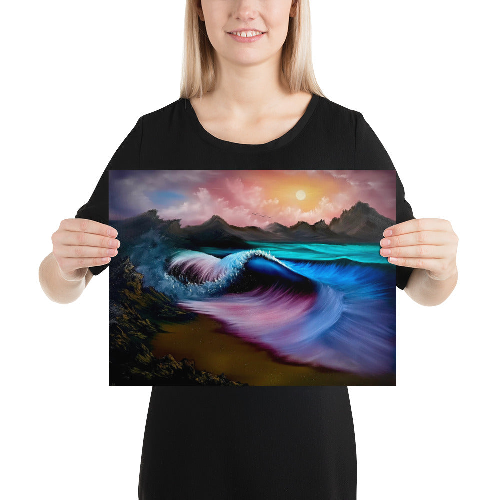 Poster Print - Sunset Seascape with Crashing Wave by PaintWithJosh