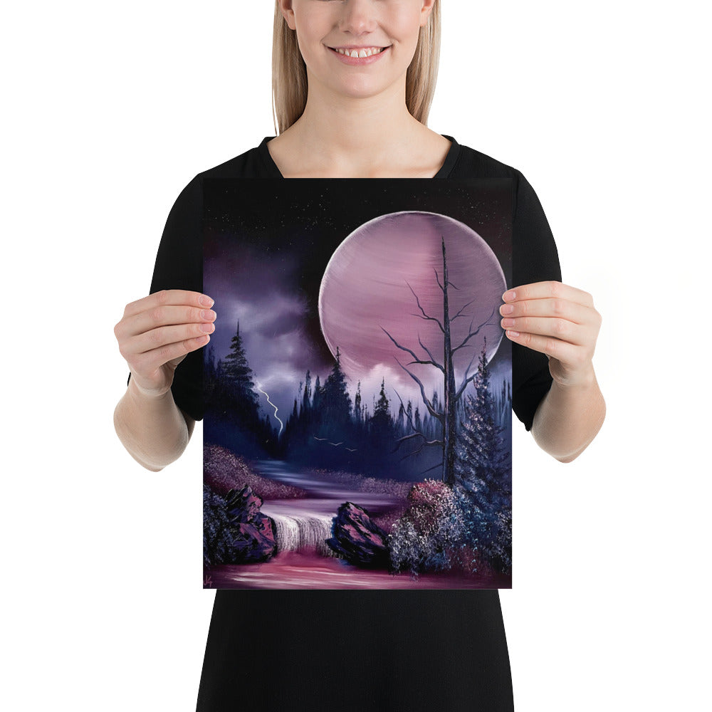 Poster Print - Pink Full Moon River Waterfall Landscape by PaintWithJosh