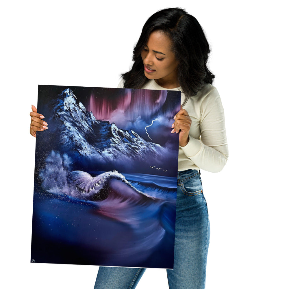 Poster Print - Aurora Borealis Mountain Seascape by PaintWithJosh