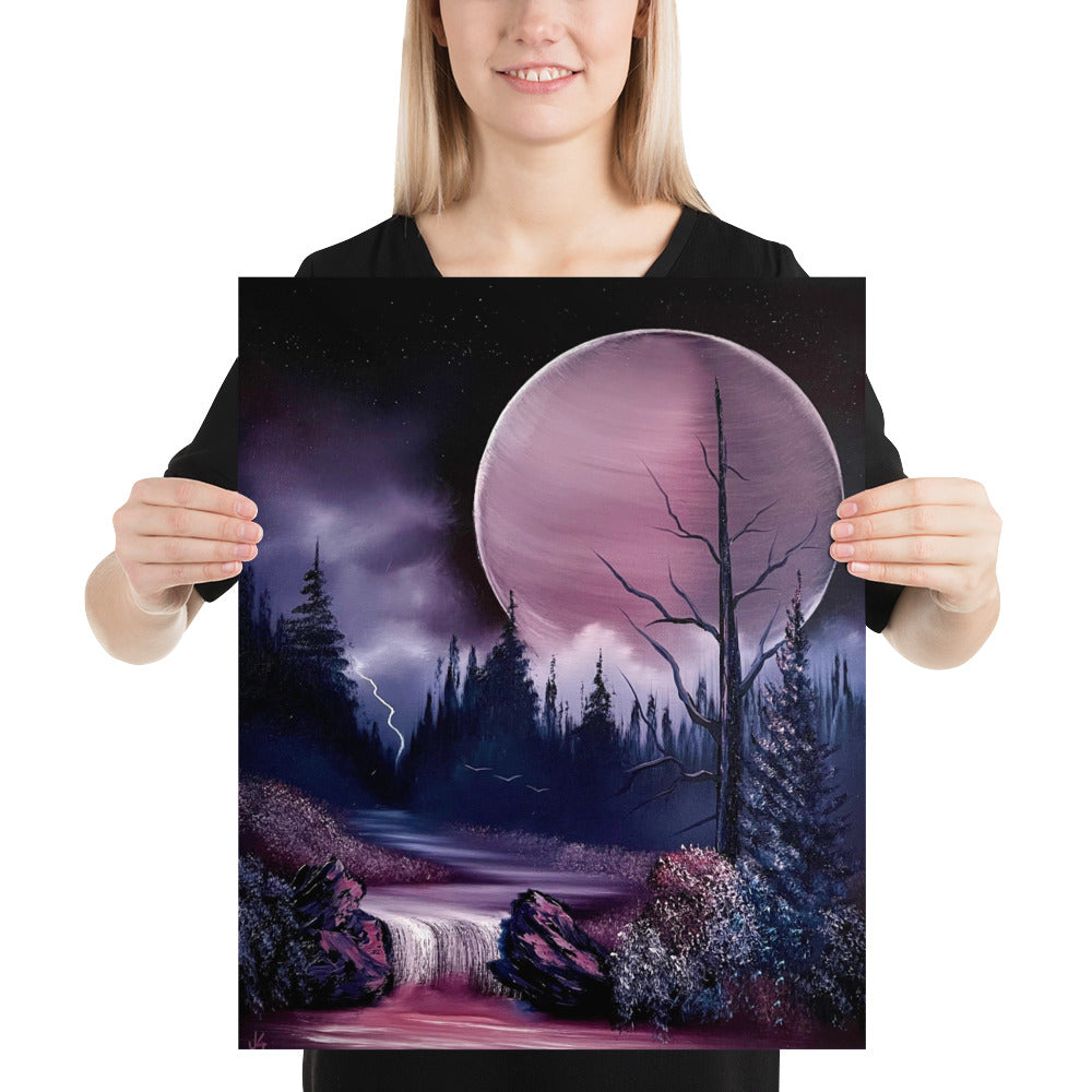 Poster Print - Pink Full Moon River Waterfall Landscape by PaintWithJosh