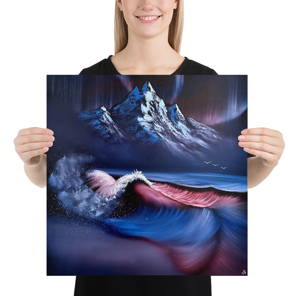 Poster Print - Northern Lights Winter Mountain Seascape With Crashing Waves by PaintWithJosh