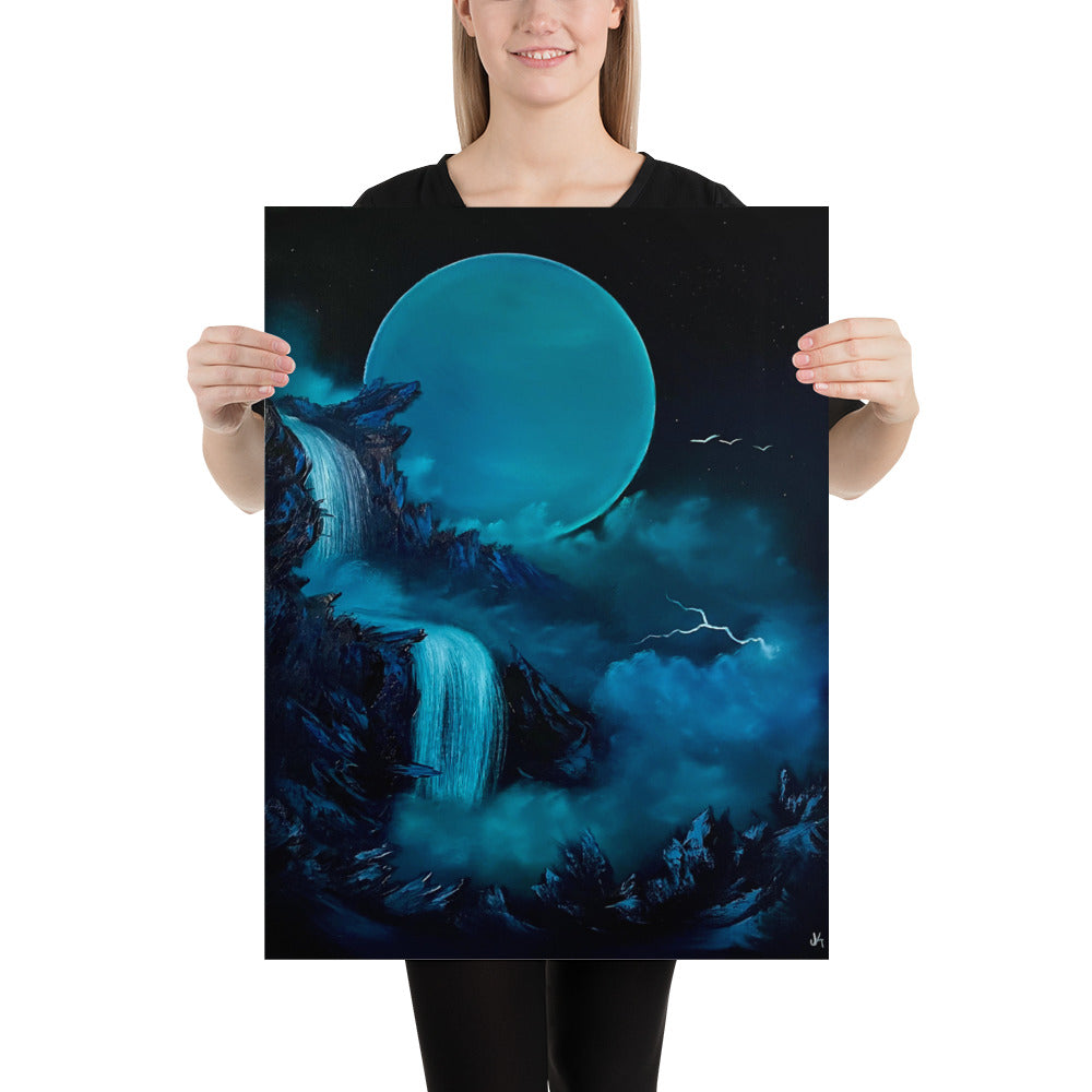 Poster Print - Full Moon Blue Waterfall Landscape by PaintWithJosh