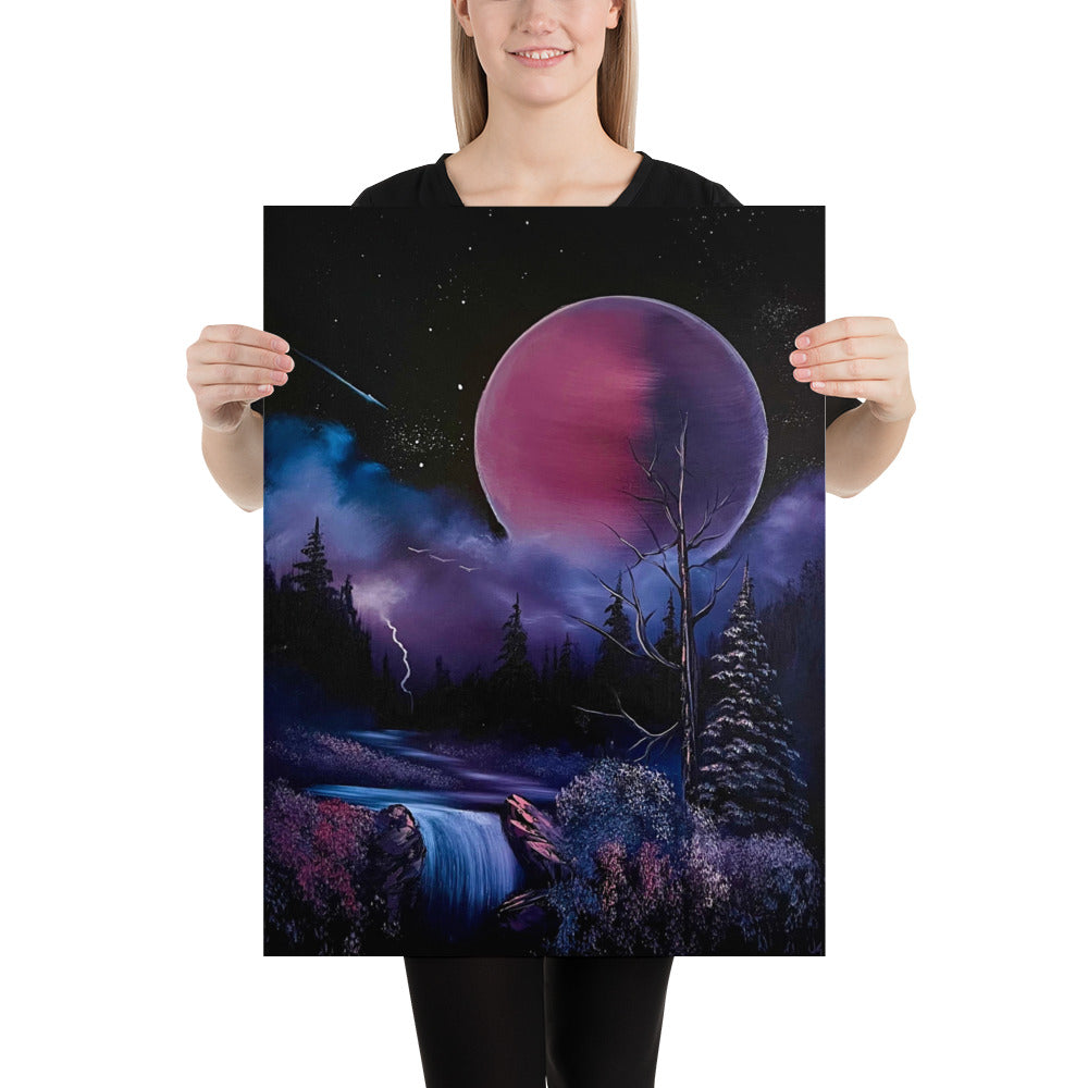 Poster Print - Pink / Purple Full Moon River Waterfall Landscape by PaintWithJosh