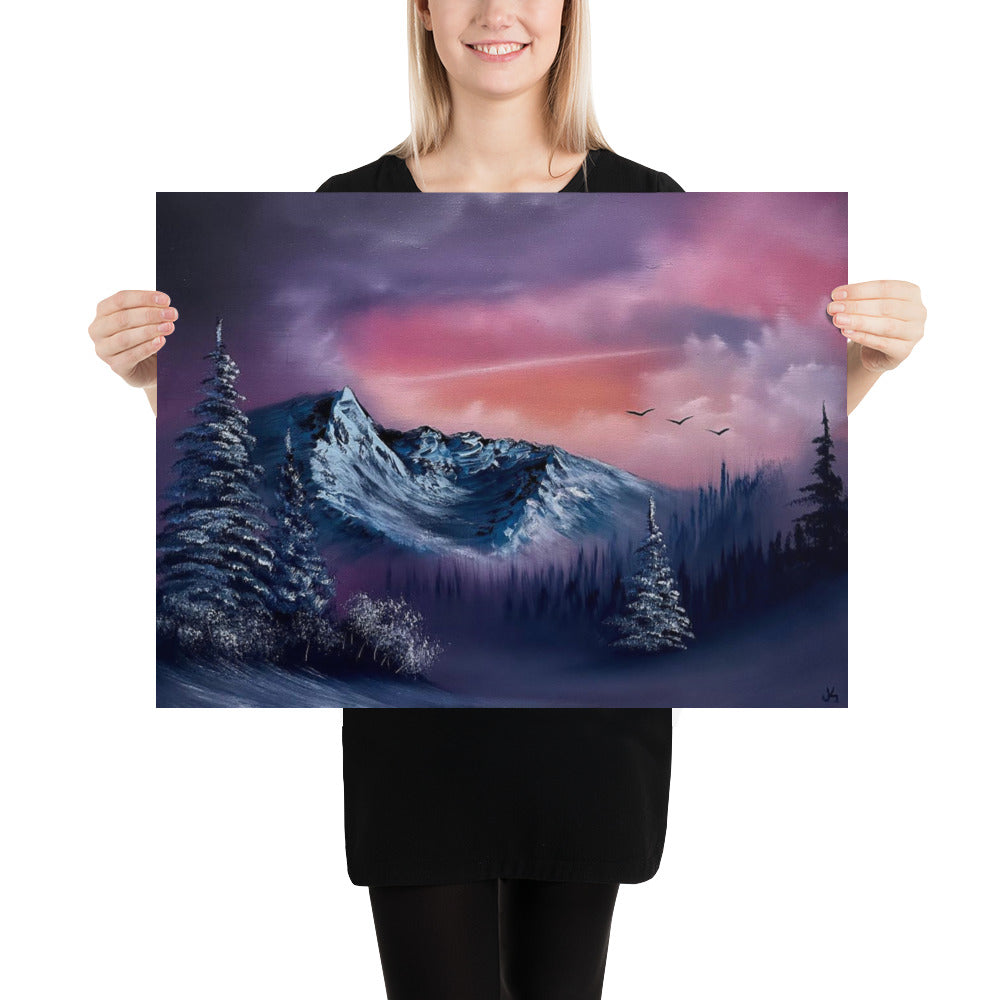 Poster Print - Sunset Winter Landscape for Karen (Mum) With Mountains & Evergreens by PaintWithJosh