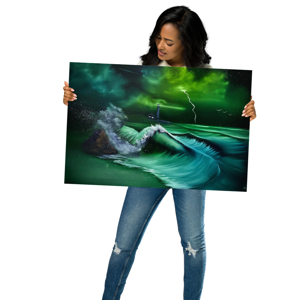 Poster Print - Green Lighthouse Crashing Waves by PaintWithJosh