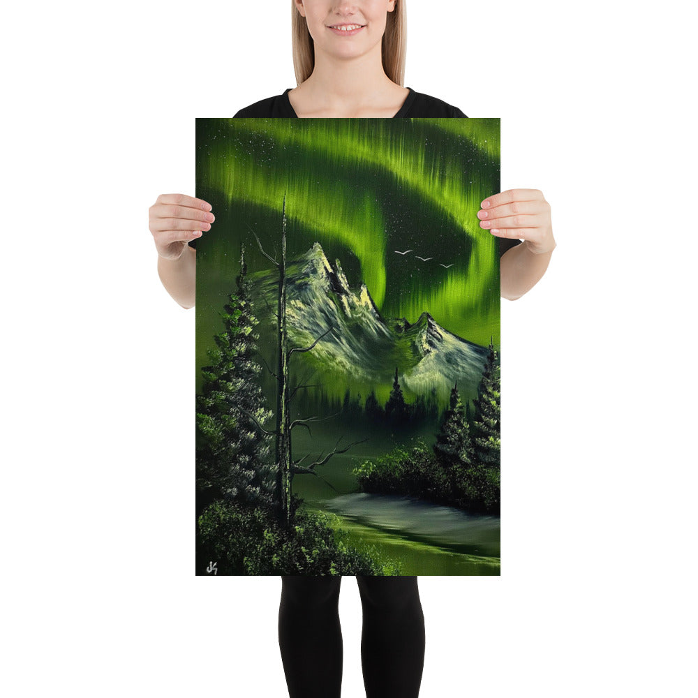 Poster Print - Green Aurora Borealis Mountain Landscape by PaintWithJosh