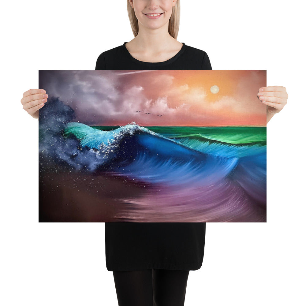 Poster Print - Sunset Seascape with Crashing Wave by PaintWithJosh