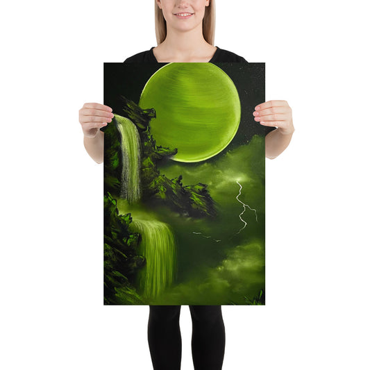 Poster Print - Green Full Moon Waterfall Landscape - Morgul Falls - by PaintWithJosh - Paint With Josh