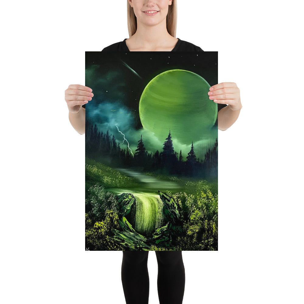 Poster Print - Green Full Moon River Waterfall Landscape by PaintWithJosh