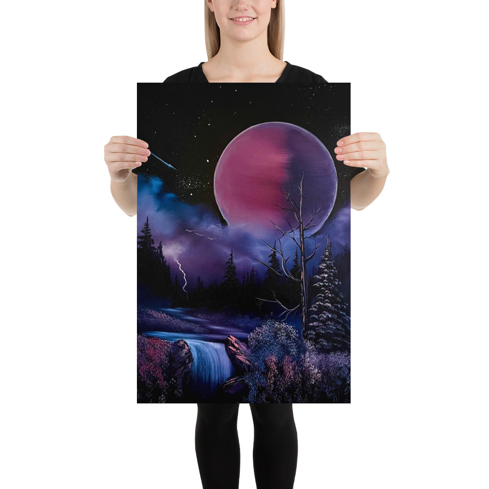 Poster Print - Pink / Purple Full Moon River Waterfall Landscape by PaintWithJosh