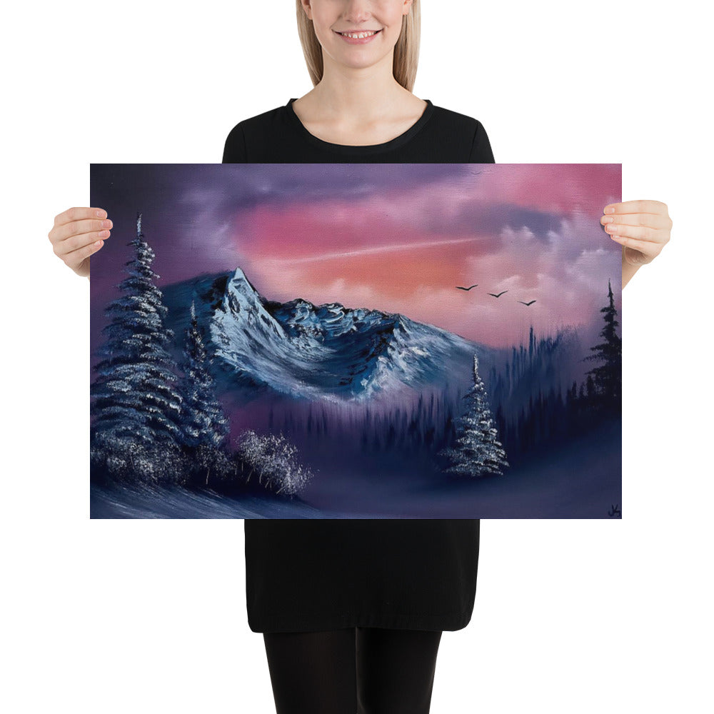Poster Print - Sunset Winter Landscape for Karen (Mum) With Mountains & Evergreens by PaintWithJosh
