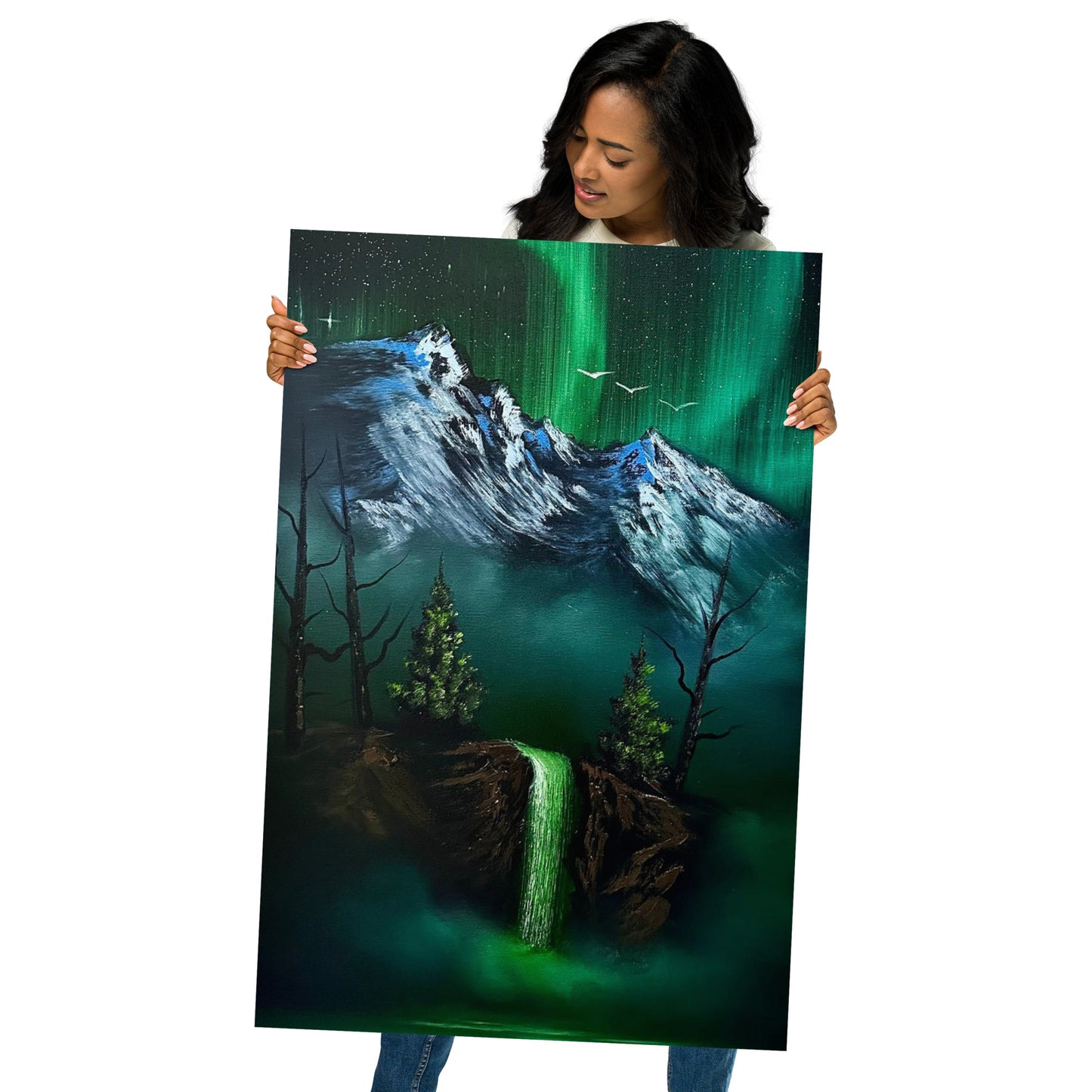 Poster Print - Green Aurora Borealis Mountain Waterfall by PaintWithJosh