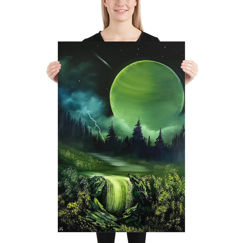Poster Print - Green Full Moon River Waterfall Landscape by PaintWithJosh