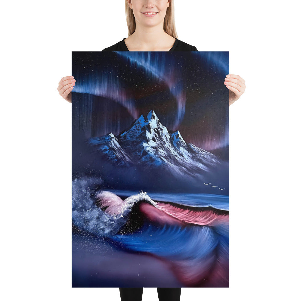 Poster Print - Northern Lights Winter Mountain Seascape With Crashing Waves by PaintWithJosh
